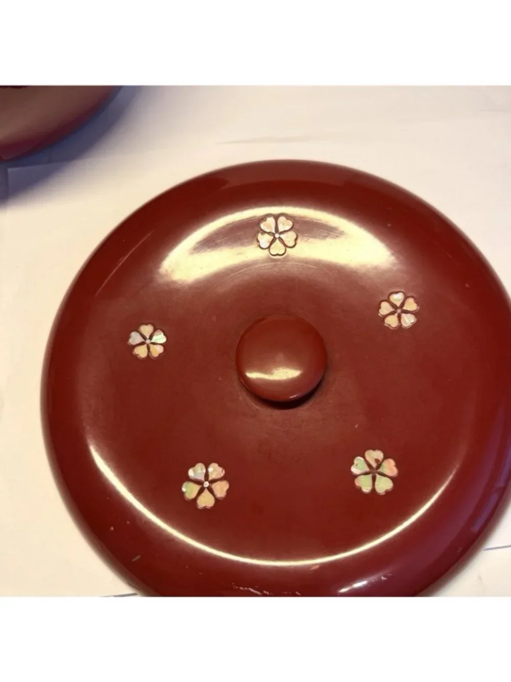 Japanese Wood Red Lacquer Ohitsu Rice Serving Bowl Mother of Pearl Inlay